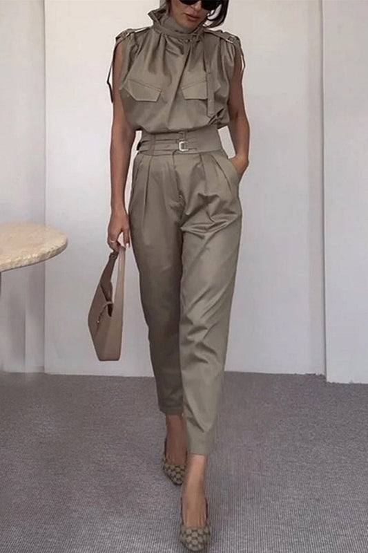 Side Pocket Belt Long Pant Set In Sage