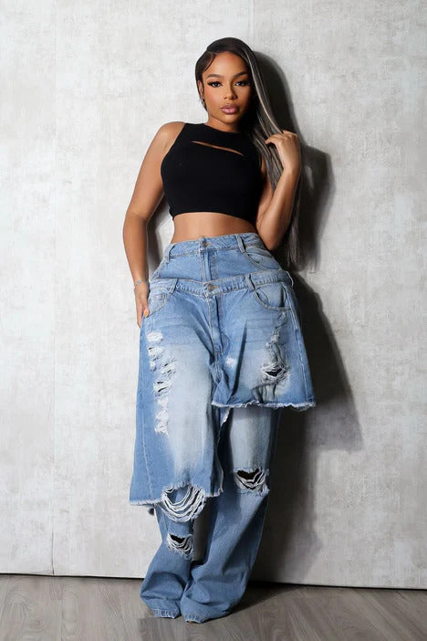 Layered Distressed Wide-Leg Jeans