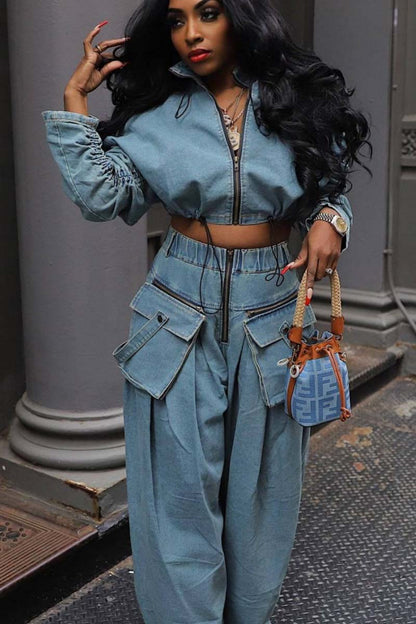 Vintage Wide-Leg Denim Two-Piece